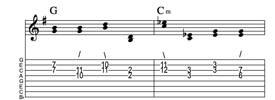 I-IVm, connect one from each measure, Key of G