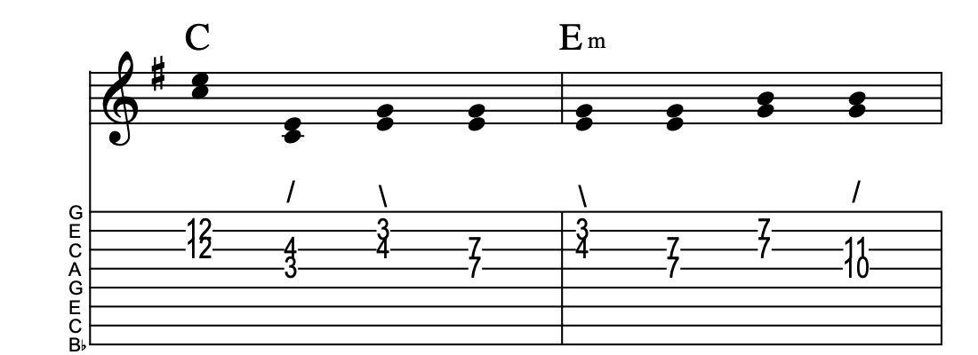 IV-VIm, connect one from each measure, Key of G