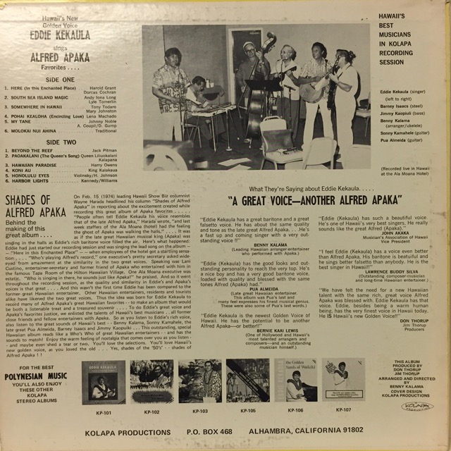 back cover Kekaula, Eddie, Hawaii's new golden voice sings Alfred Apaka favorites (recorded live in Hawaii), Kolapa KP107